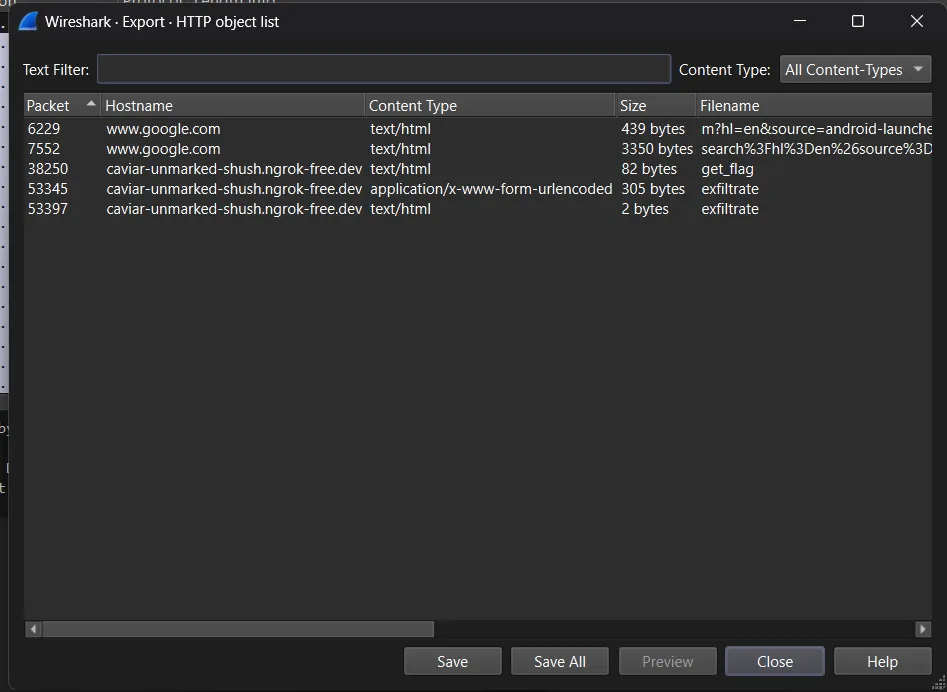 Wireshark HTTP object export list